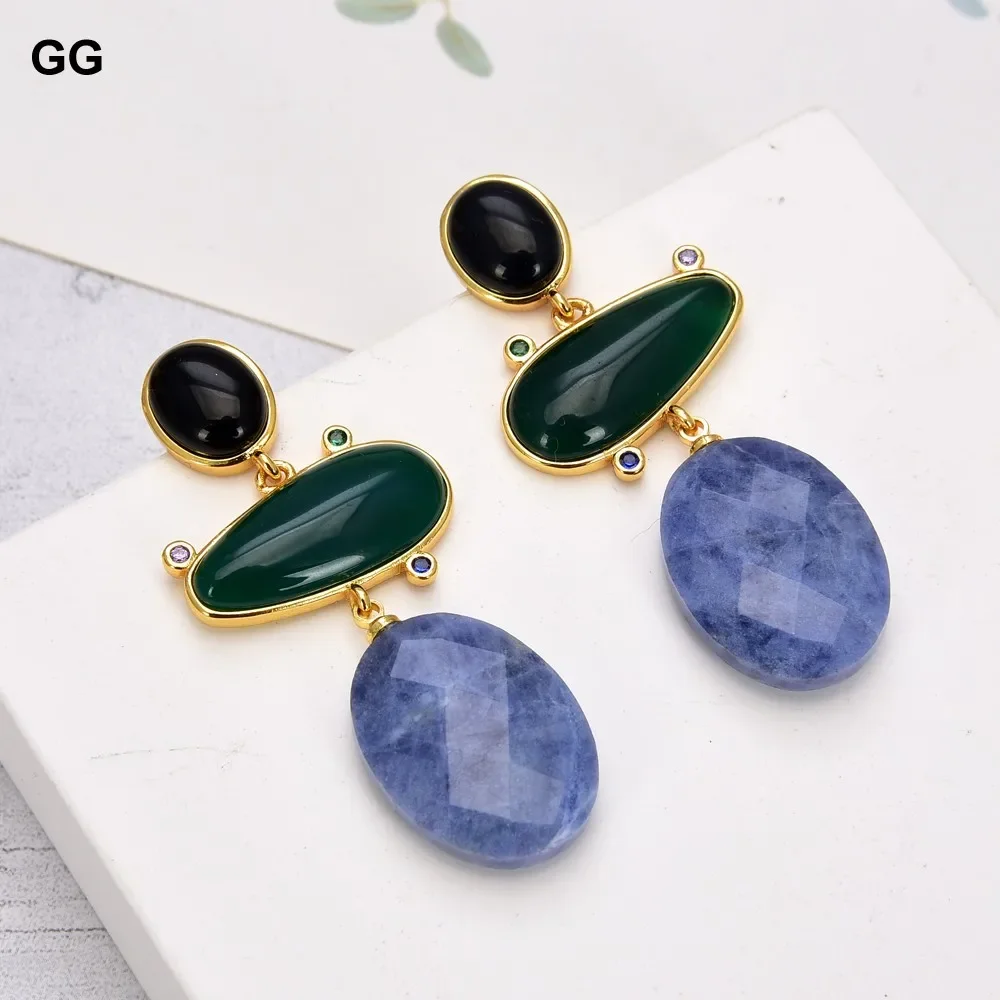 GG Natural Green Agate Blue Oval Sodalite Onyx Dangle Stud Earrings Trendy For Women