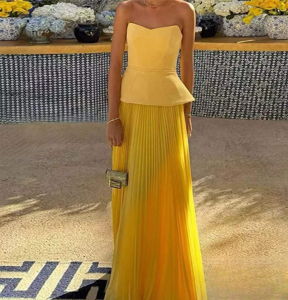 

KONDALA Элегантный осенне-желтый комплект для женщин Романтический топ без бретелек или плиссированная юбка 2025 Лето High Street Вечеринка для свиданий Женская юбка Se