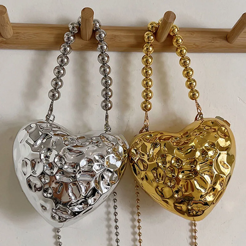 Silver Gold Love Hearts Shaped Crossbody Bags Mini Metal Box Women Shoulder Bags Shiny Evening Party Clucth Lipstick Purses