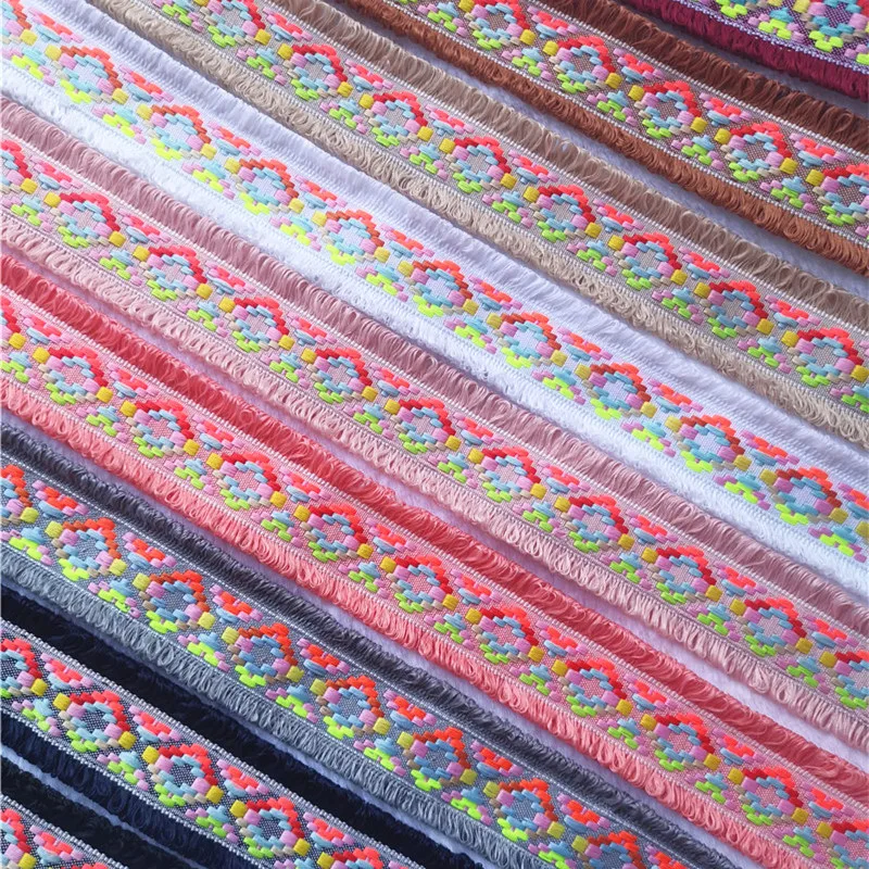 2Yards 4.3cm Cotton Tassel Lace Checkered Fringe Jacquard Webbing DIY Decorative Headdress Clothing Collar Silk Ribs Lace Ribbon