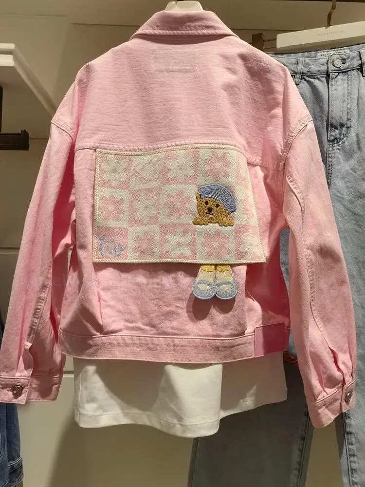 وصول DisneyFall الجديد: سترة من قماش الدنيم الوردي الفاتح على الطراز الكوري للنساء بتصميم قصير على الموضة لأحجام صغيرة