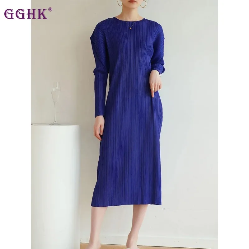 

GGHK Miyake Pleated Women Elegant Fashion Dress Round Neck Long Sleeve Loose Plus Size Design Casual Party Dresses Autumn New