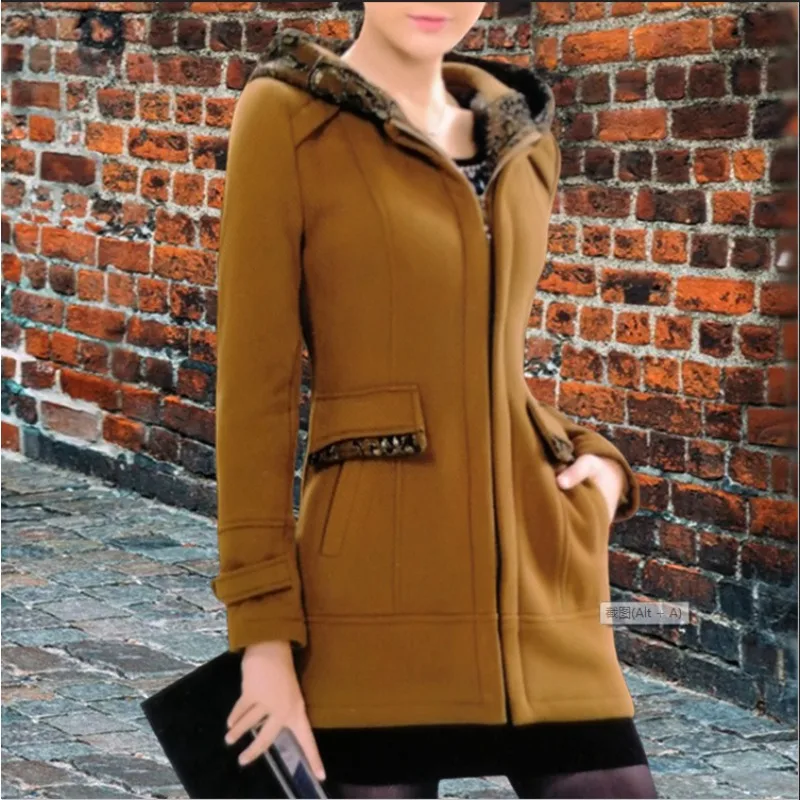 

Korean Style Women Pocket Slim-Fit Cardigan Zip Coat Autumn Winter Woolen Coat Women Fashion Long Sleeve Hooded Warm Woolen Coat