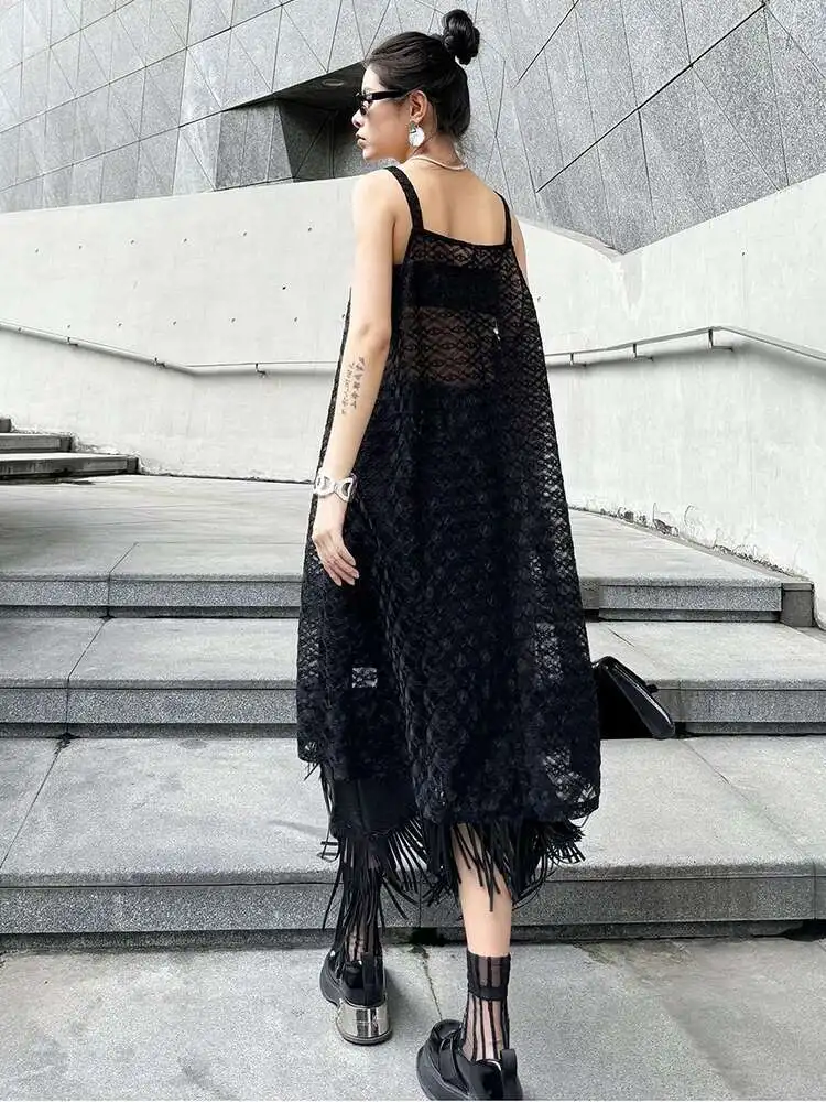 Women Black Lace Irregular Spaghetti Strap Dress New Square Collar Sleeveless Fashion Tide Spring Summer