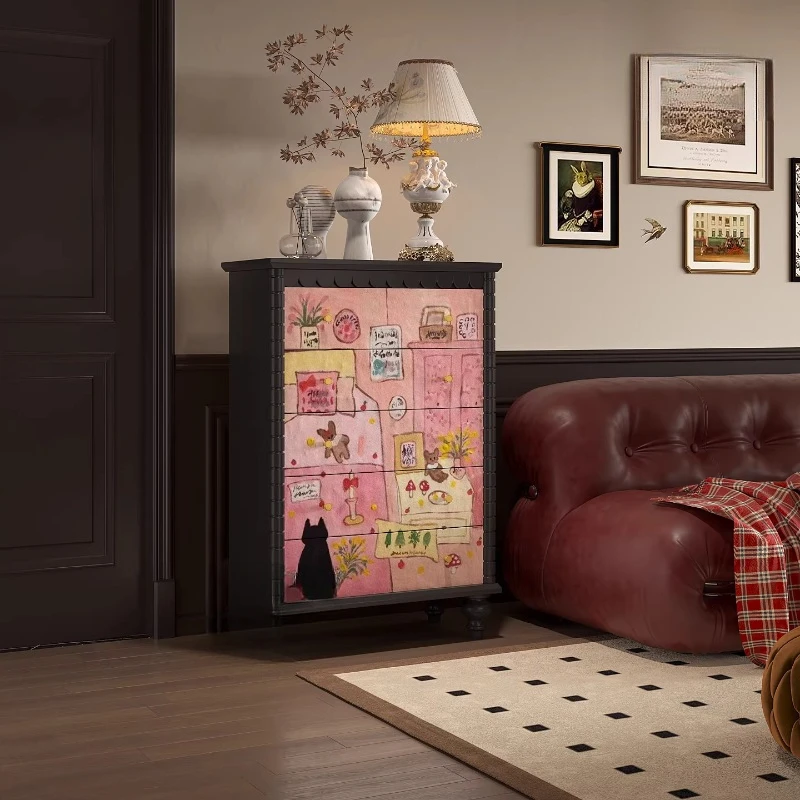 

Dopamine pink cartoon cat decoration solid wood chest, bedroom locker, storage cabinet, locker