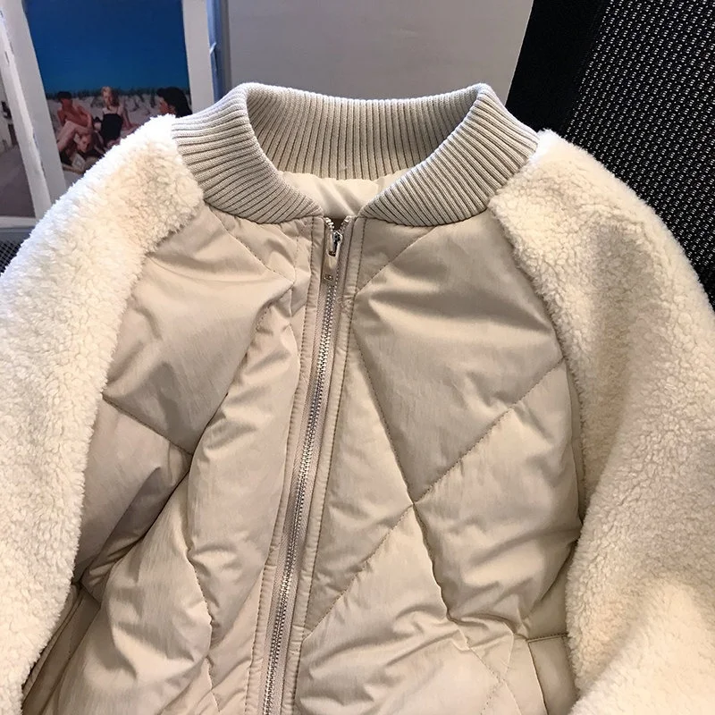 

Retro American Oversize Lamb Fur Patchwork Diamond Cotton Jaet Men's Women's High-End Streetwear Winter Thiened Zipper