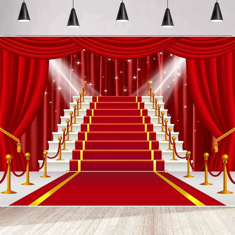 Red Carpet Photography Backdrop Film Stars Red Curtain Stage Spotlight Show Prom Background Party Backdrop Wall Banner Poster