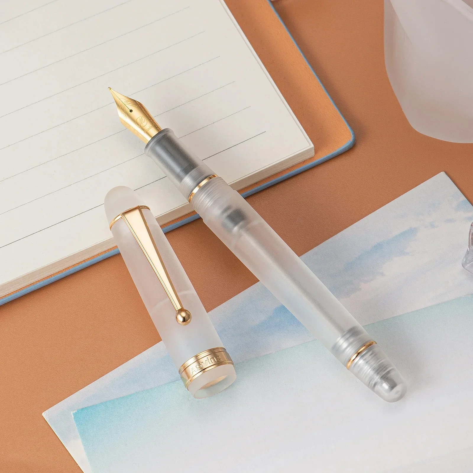 Imagem -03 - Asvine Vacuum Filling Fountain Pen Beautiful Acrílico Escrita Gift Grupo Transparente Brown Matte Blue Branco ef f m Nib V126