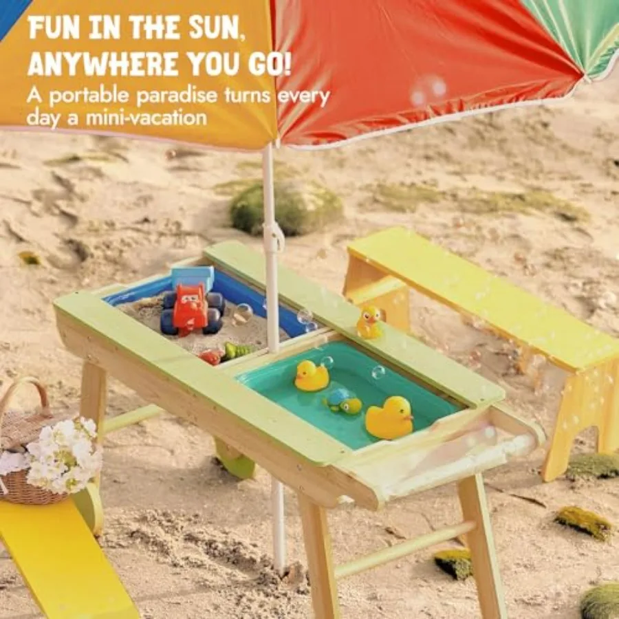 3 in 1 Picnic Table for Indoor Outdoor Use, Plastic Sand and Water Activity Table in Blue, Height Adjustable Umbrella 2 Storage