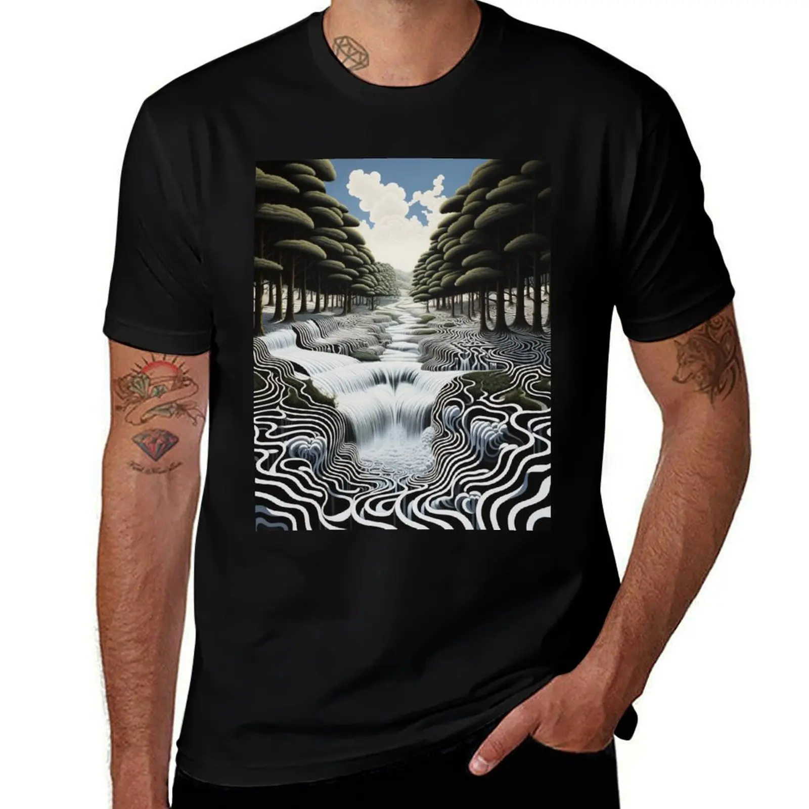 Geometric River Vista: Black and White Landscape with Green Trees and Blue Sky in Op Art Style T-Shirt