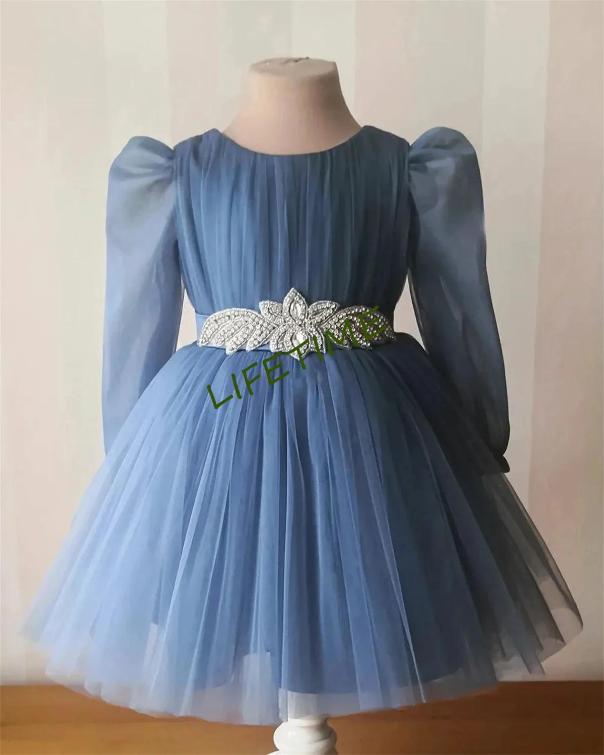 Tulle Flower Girl Dress Exquisite Party Kids Birthday Long Sleeve Knee Length Bow A-Line Princess Dresses with Drill Stick Belt