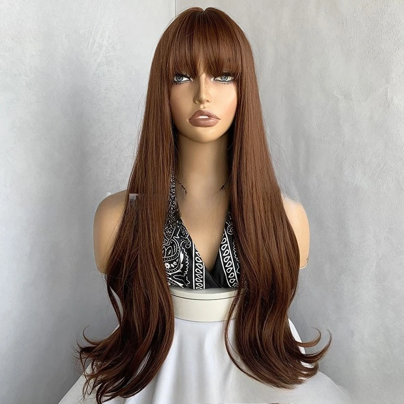 

European and American chestnut brown long curly hair natural simulation scalp Qi bangs matte high temperature silk wig headgear