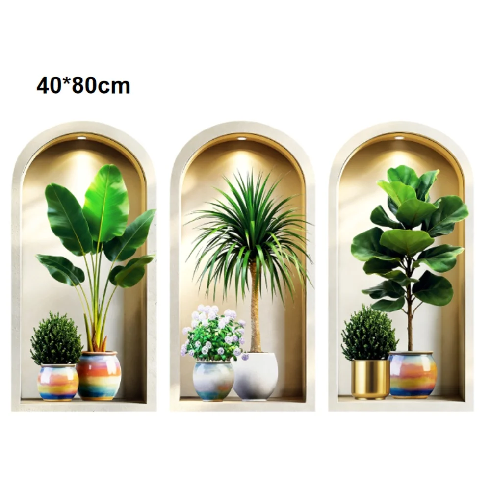 3PCS 3D Potted Plants Wall Stickers Green for Indoor Wall Decor Kitchen BedFor Room Office 30x60cm 40x80cm PVC Material