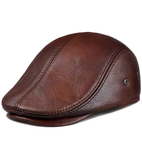Gorro de cuero para actividades al aire libre para hombre, boinas de invierno, gorro cálido con protección para los oídos, 100% de cuero genuino, sombrero para papá, venta al por mayor, ocio