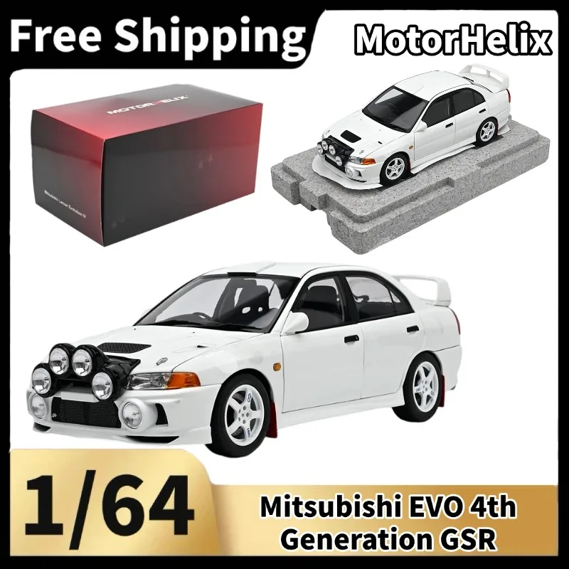 In Stock MotorHelix 1:18 Mitsubishi Evolution IV White Rally Version Diecast Car Model, Extra Spot‑Lights Modified Alloy Vehicle