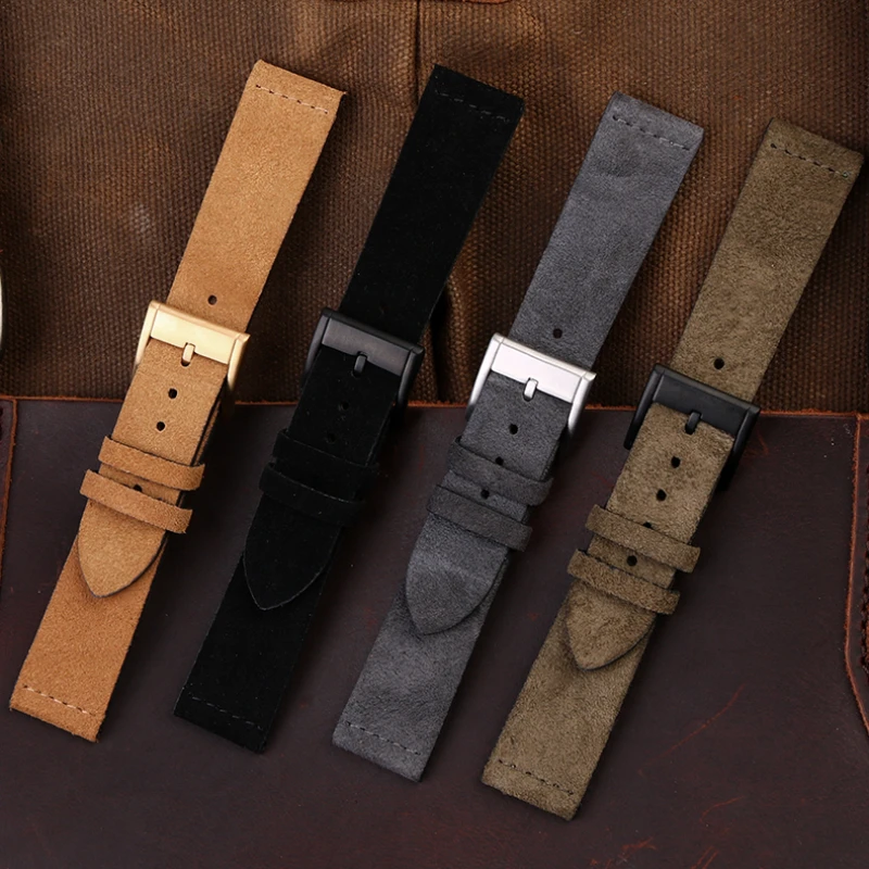 Suede Cowhide Strap For any brand 16 18 20 22mm Genuine leather Watch band Vintage Wrist band Light brown gray green Accessories