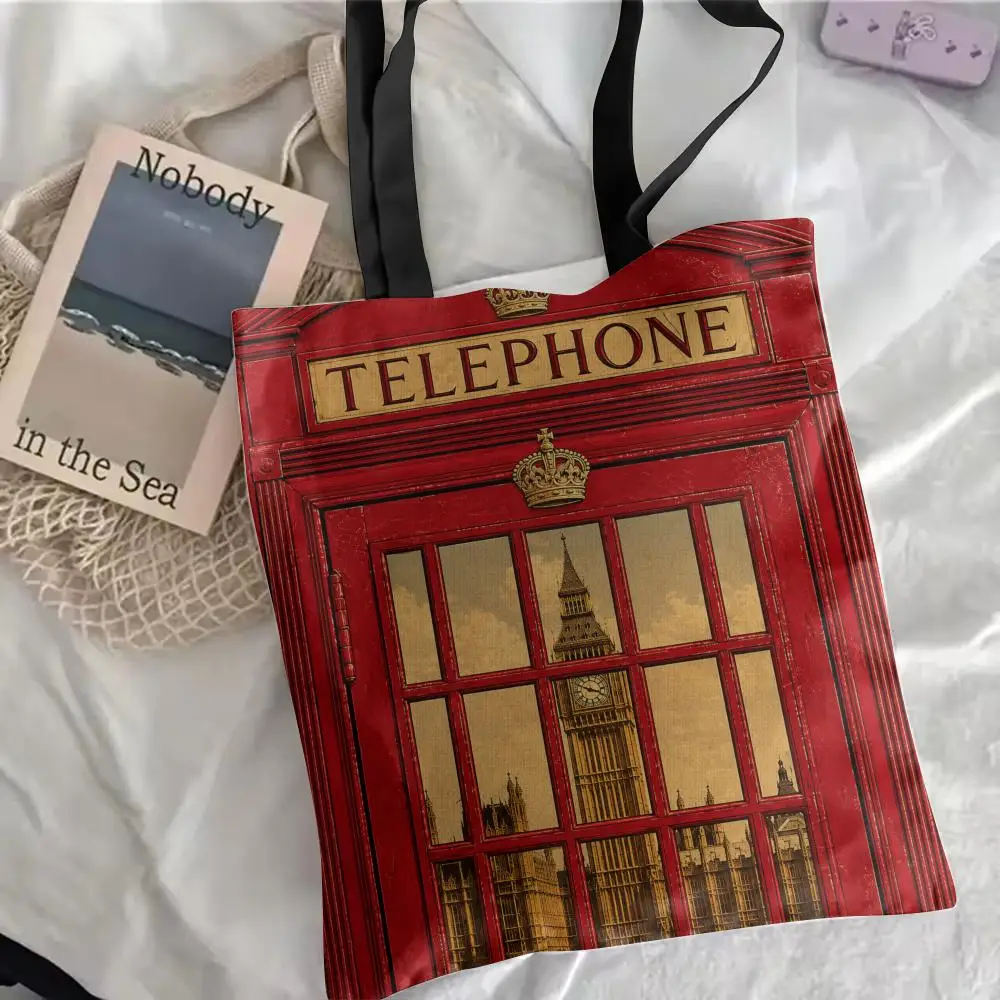 London Telephone Storage Bags Double-Sided Printed Canvas Tote Bag Eco-Friendly Reusable Large Capacity Handbag view 4
