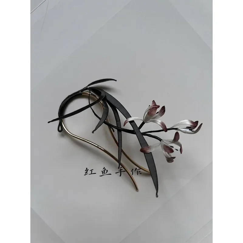 Edelweiss wrapped orchid hairpin, ink color Edelweiss hairpin, can be changed brooch, design red fish handmade