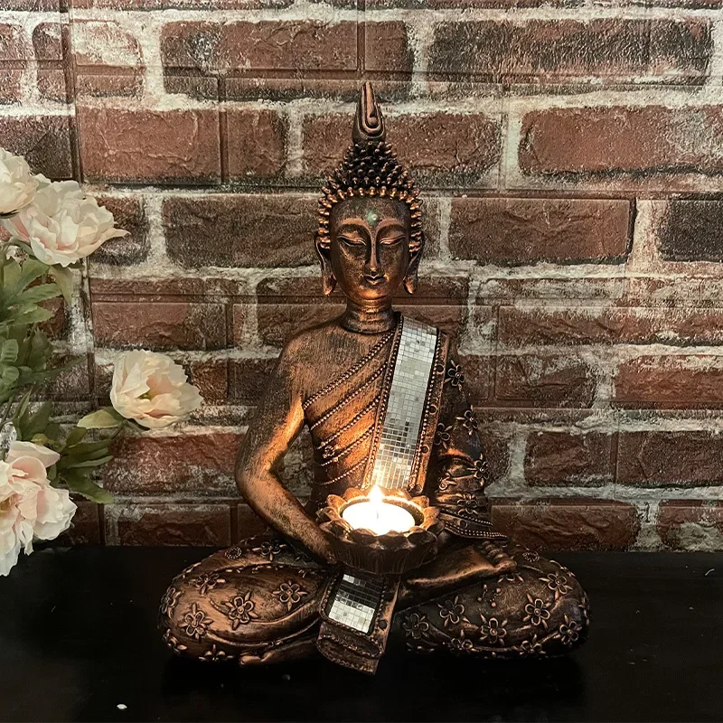 Buddha Statue Candle Tea Light Holder Meditating Buddha with Patina Gold Finish Sitting Sculpture Candle Holder Feng Shui Decor