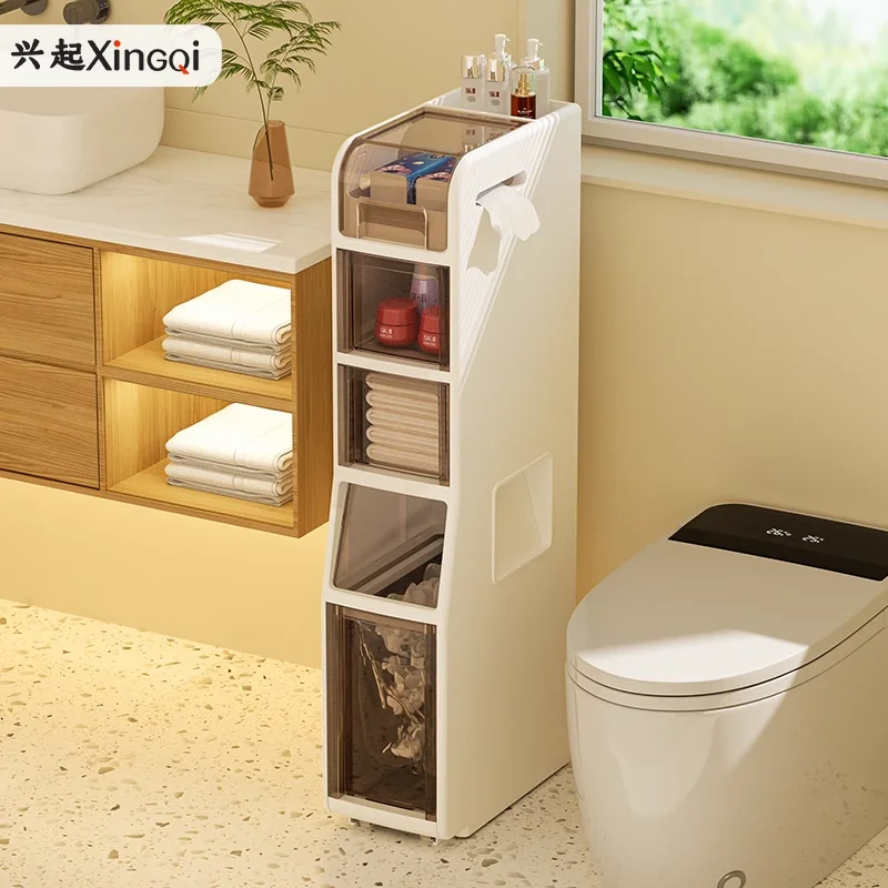 

Toilet crevice storage cabinet with trash can bathroom drawer type ultra-narrow gap cabinet toilet toilet side cabinet