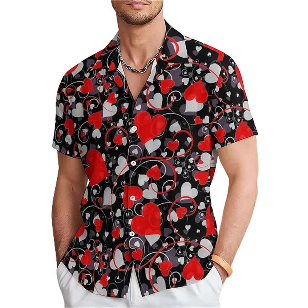 Camisa informal con forma de corazón para hombre, Camisa ajustada de manga corta, tejido elástico de cuatro vías, ideal para el fin de semana y el Día de San Valentín, novedad