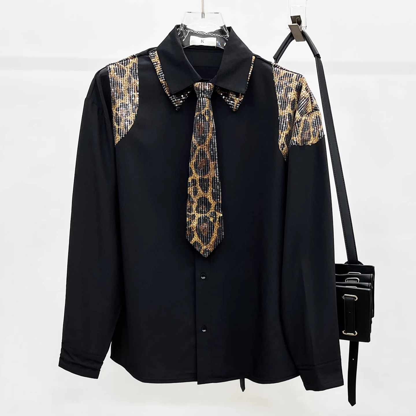 

Leopard Print Patchwork Sequin Tie Shirt Men's Loose Temperament Casual Shirts Social Stage Performance Banquet Star Costume