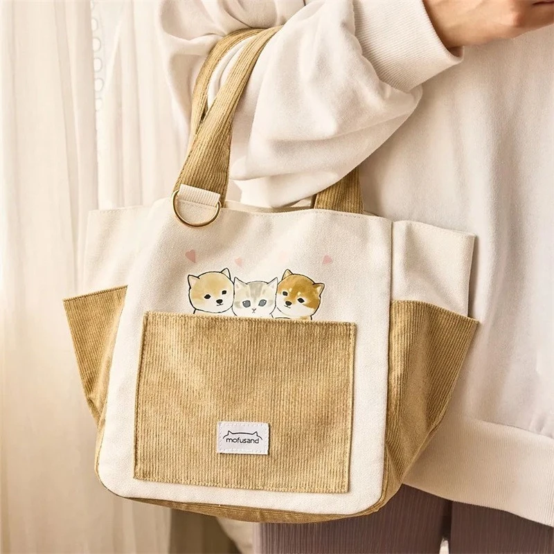 Mofusand Cute Color Block Canvas Tote Bag Portable Fashion Handheld Bag for Shopping Work and Daily Outdoor Use