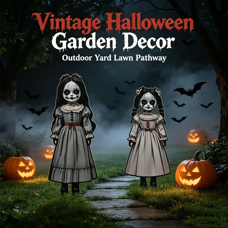 2pc Halloween Gothic Horror Silhouette Yard Signs, 2D Plastic Scary Figure Stakes, Vintage Creepy Garden Lawn Pole Decor, Spooky
