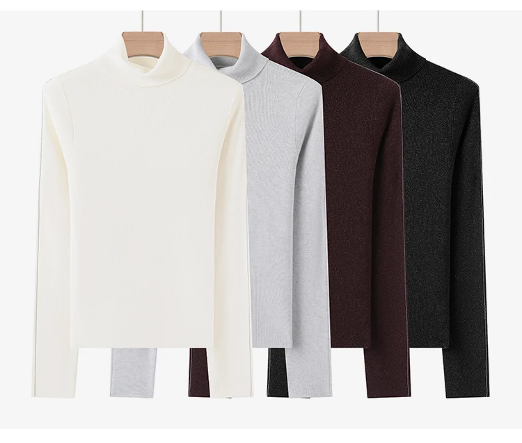 BY3521215 Premium Wollstrickpullover für Damen, eleganter Rollkragenpullover, einfarbig brauner Pullover, schickes, schmales Basic-Top für Bürodamen – Detail 14