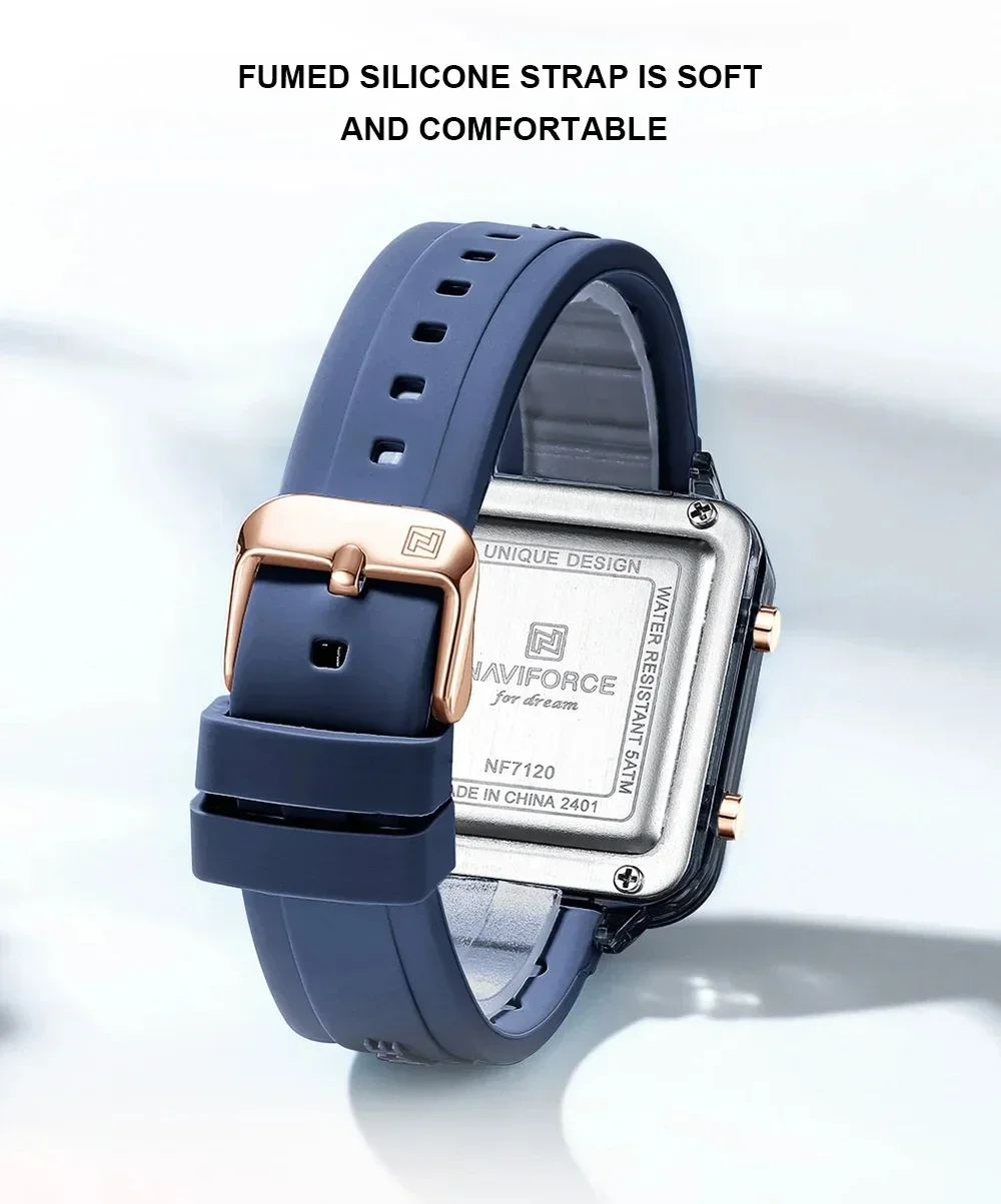NAVIFORCE NF7120 ساعة رياضية مقاومة للماء للنساء شاشة LCD بحزام سيليكون للسيدات ساعات إلكترونية مربعة بسيطة