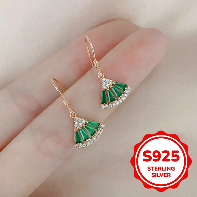

S925 sterling silver fan-shaped emerald inlaid with zircon ear hooks for women fashion elegant classic fashion luxury