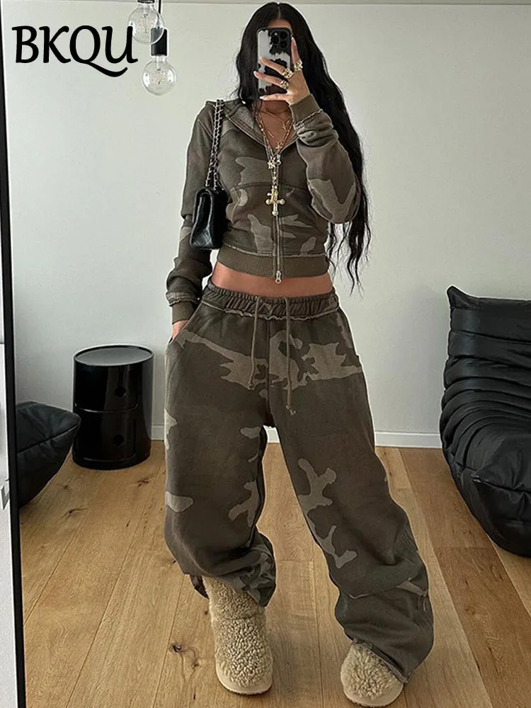 BKQU 2 Piece Set Women Camouflage Hoodie Tracksuit American Y2K Long Sleeve Zipper Sweatshirt Casual Joggers Pants Suits Hip Hop