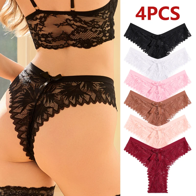 

Комплект из 4 шт. женского кружевного белья S-XXL: сексуальные трусики с вырезами, низкой посадкой, дышащие, прозрачные, комфортные, романтические
