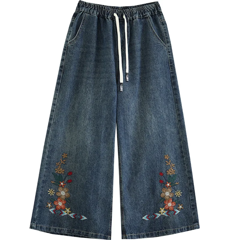 

High Quality Women Denim Pants Flower Embroidery Wide Leg Trousers Large Size Loose Meat Cover Skinny Flared Straight Pants