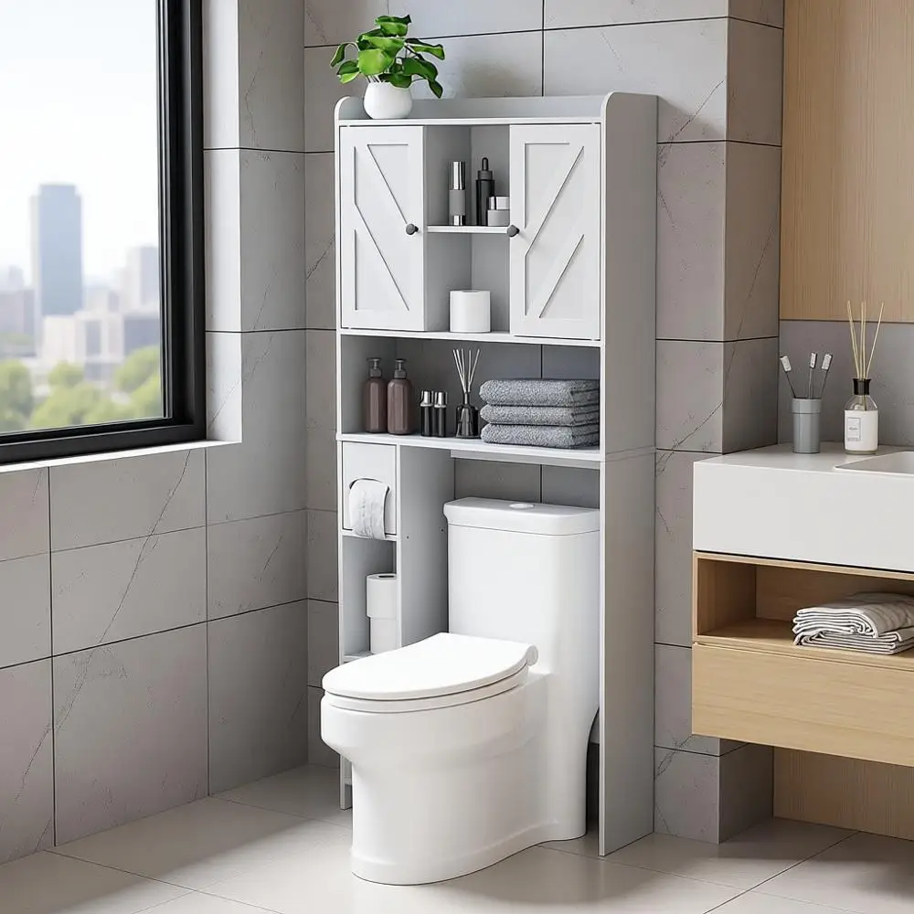 

Over The Toilet Storage Cabinet: Farmhouse Storage Cabinet Over Toilet with 2 Barn Door & Toilet Paper Holder Stand, Home Space-