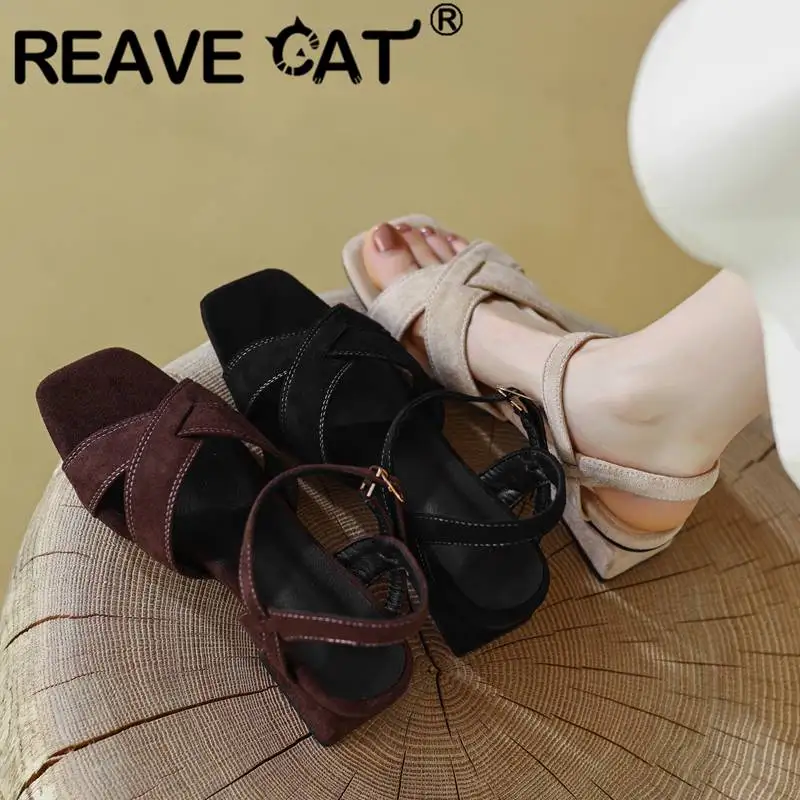 REAVE CAT Ladies Sandals Toe Block Heels 3.2cm Buckle Strap Flock Suede Soft Concise Daily Women Shoes Big Size 41 42 43
