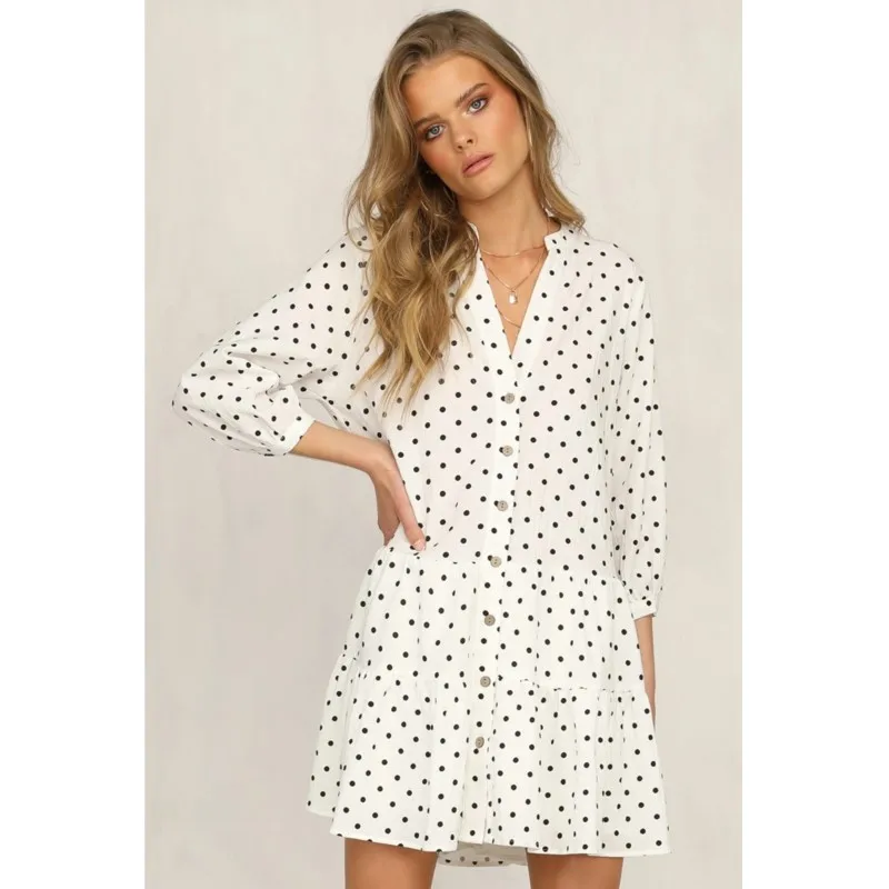 Elegant Solid Color Polka Dot Women's Dress V-neck Loose Long Sleeved Single Breasted A-line Display Autumn New Item Mini Dress