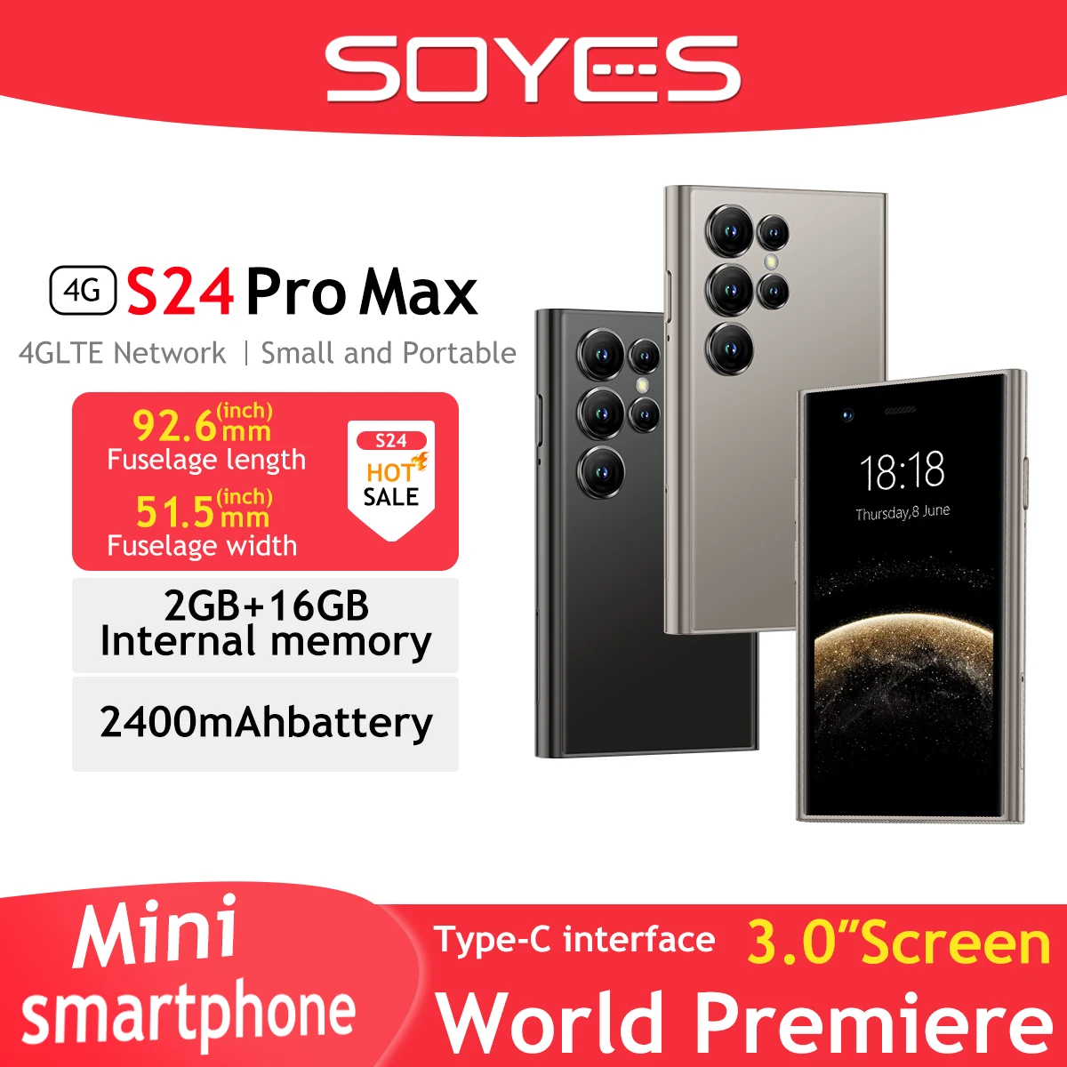 SOYES S24 Pro Max 4G LTE Mini Smartphone 3.0 Inch Display 2500mAh 2GB RAM 16GB ROM 5MP Camera Dual SIM With Face Recognition