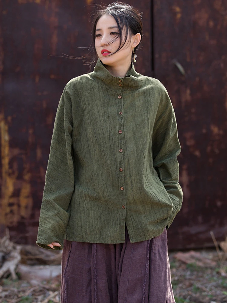 

Women Long Sleeve Cotton Linen Shirt New 2025 Spring Vintage Style Turtleneck Tie Dye Loose Female Casual Tops Shirts T383