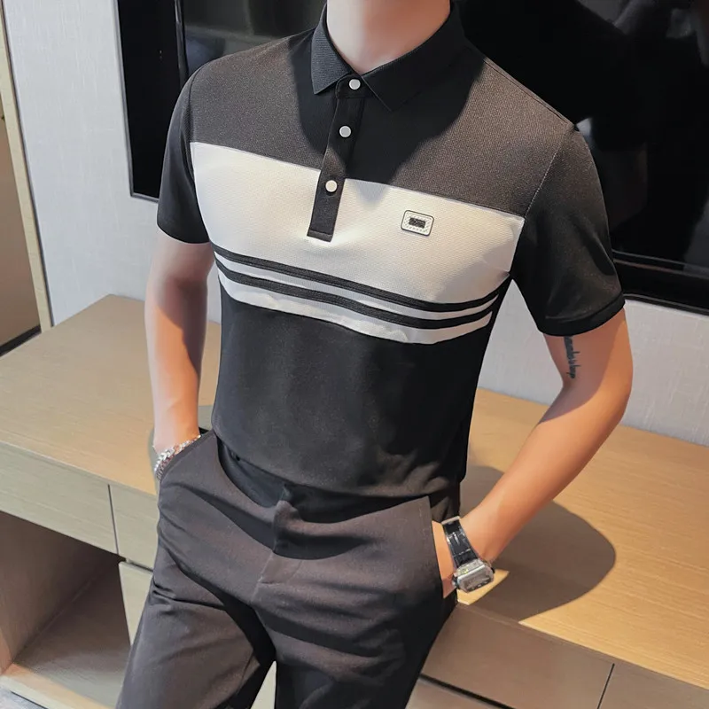 2024 Summer Striped Patchwork Polo Shirt Men Casual Business T-shirts Short Sleeve Lapel Tee Tops Breathable Comfortable POLO