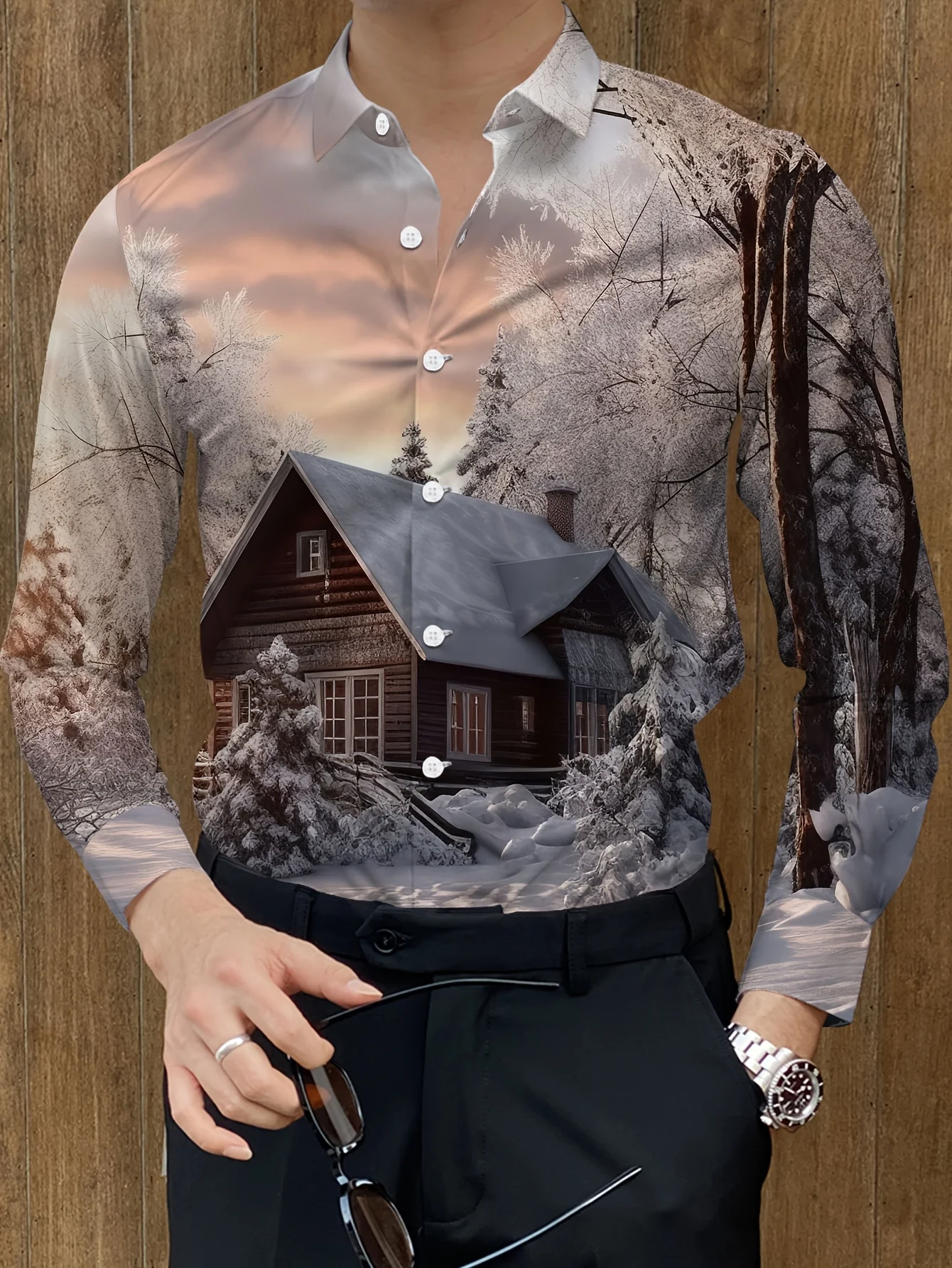 New Men's Shirt 3D Simple Line Print Clothes Fashion Button Lapel Street Trend Men's Hawaiian Long Sleeve Shirt，