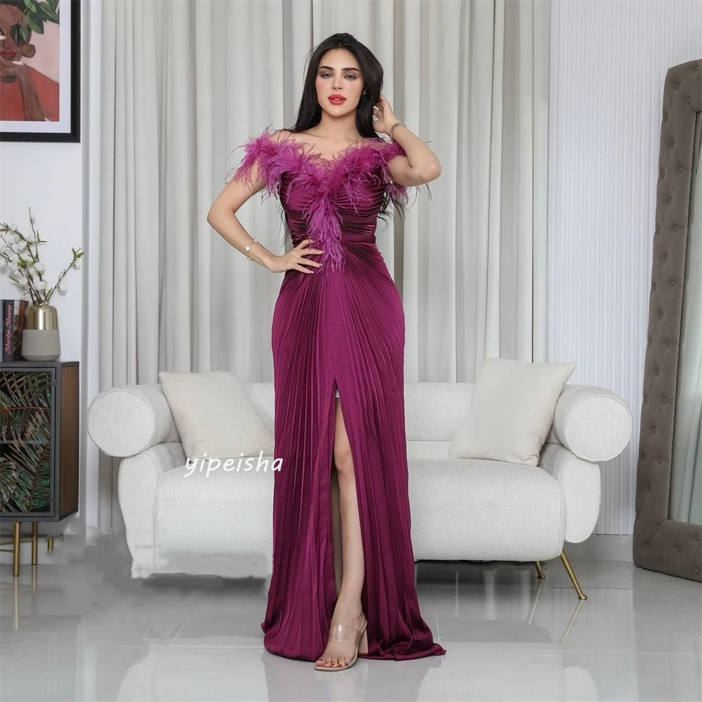 Jersey Feather Draped Pleat Homecoming A-line Off-the-shoulder Bespoke Occasion Gown Long Dresses