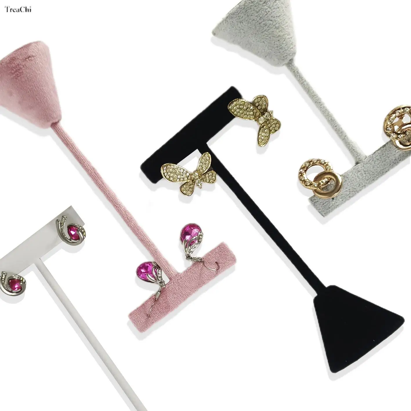 Big Sale 3Pcs Fashion Black Velvet Jewelry Display Rack Pink T Bar Earring Holder Stud Organizer Exhibition Showcase Stand