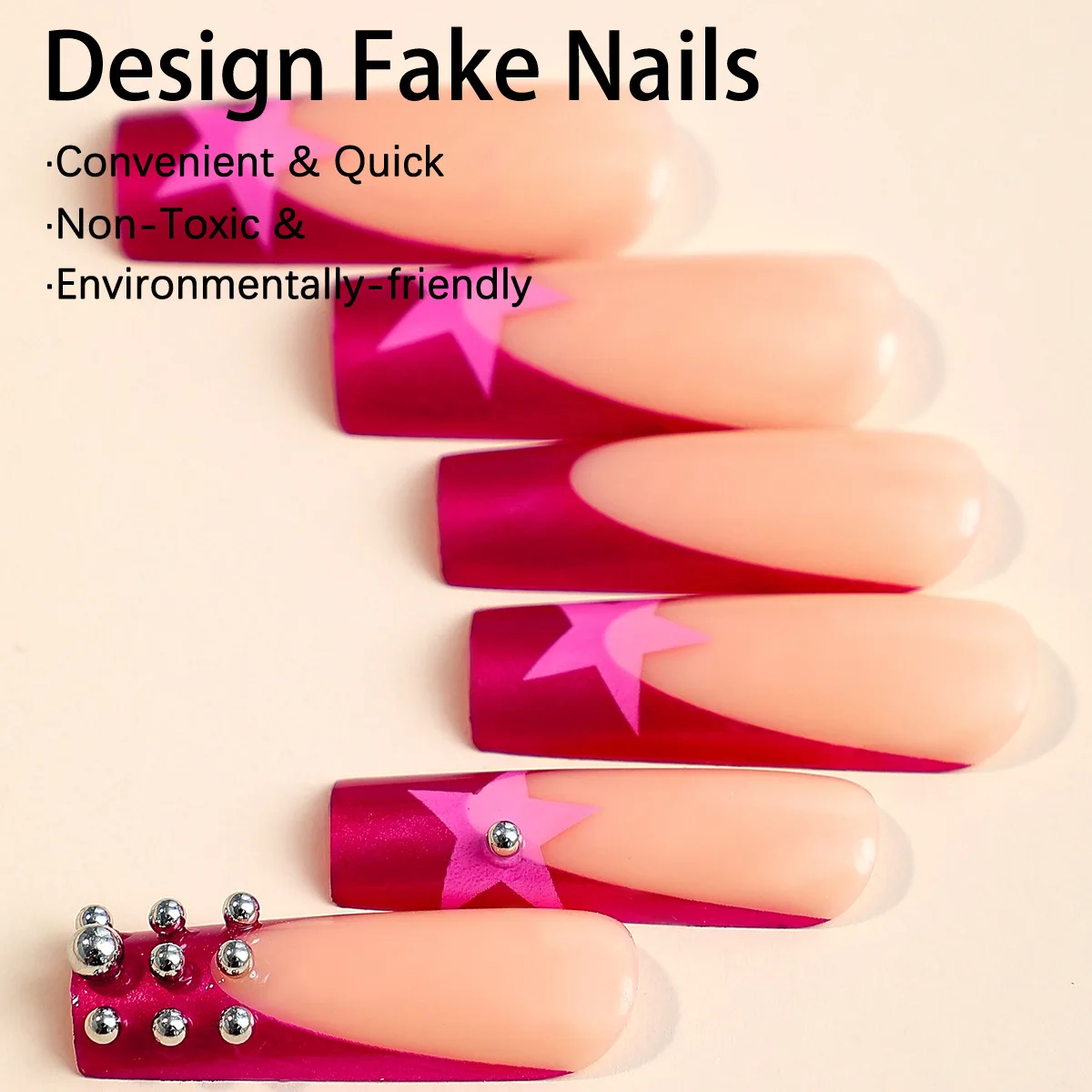 24PCS Pink Star False Nail Tips Rose Pink y2k Coffin Ballet Fake Nail Long French Acrylic Nails Tips for Girls Women Wearable