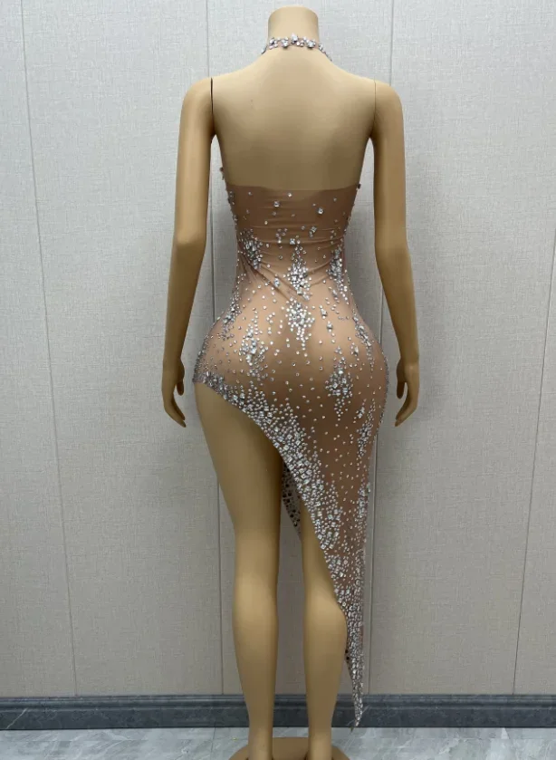 Xinghe-vestido sem mangas sexy com strass prateado, vestido transparente, para festa de aniversário, roupa de dança