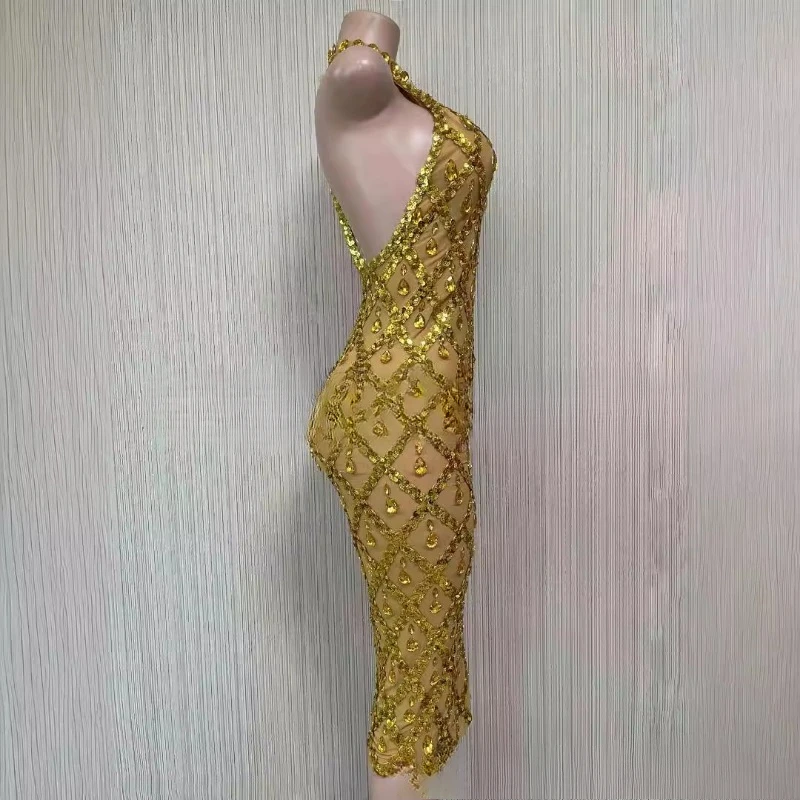 Vestido de noche dorado para mujer, elegante, envío gratis, Sexy, con diamantes de imitación, para cumpleaños, discoteca, vestidos para mujer 2025 