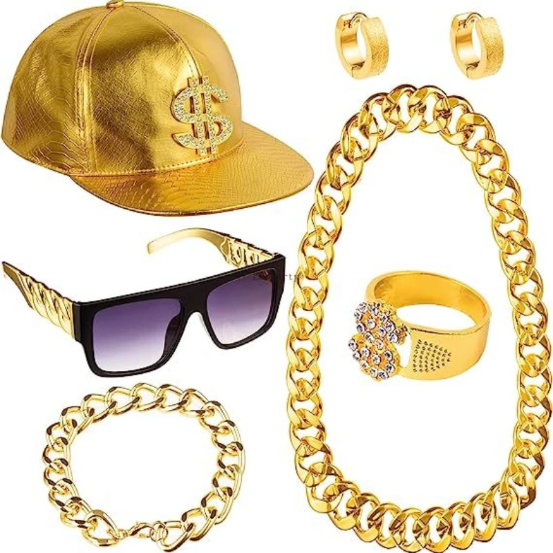 

Choice 80s 90sHip Hop Costume Kit Metal Chain Flat Top Sunglasses Rapper Big Chain Necklace and Bracelet Hip Hop Gold Cap