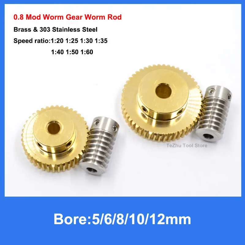 1Pcs 0.8 Mod Electric Motors Brass Worm Gear 20 Teeth-60 Teeth 303 Stainless Steel Worm Rod 1:20 1:25 1:30 1:35 1:40 1:50 1:60