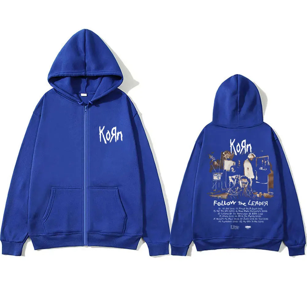 Rock Band Korn Follow The Leader Graphic Zipper Hoodie Men Rare Metal Music Zipper Sweatshirt Man Gothic Oversized Zip Up Jacket