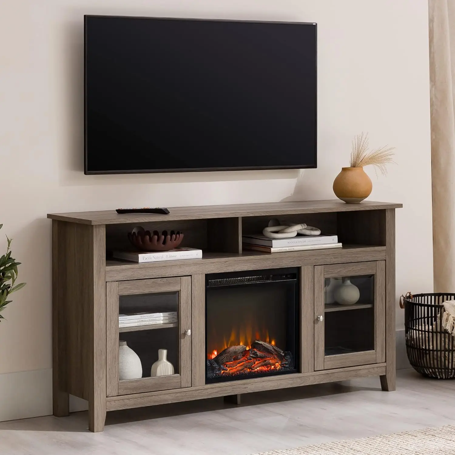 

Glenwood Rustic Farmhouse Glass Door Highboy Fireplace TV Stand for TVs up to 65 Inches, 58 Inch, Driftwood